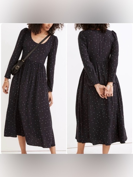 Madewell Dresses & Skirts - FIRM Madewell Alicia Long-Sleeve Scoop Neck Midi in Night Stars Polka Dot Medium